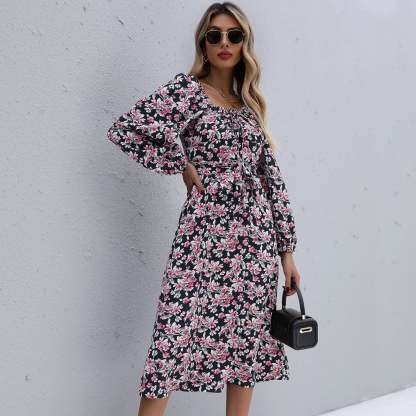 Floral Print Boho Ruffles Pleated Midi Dresses