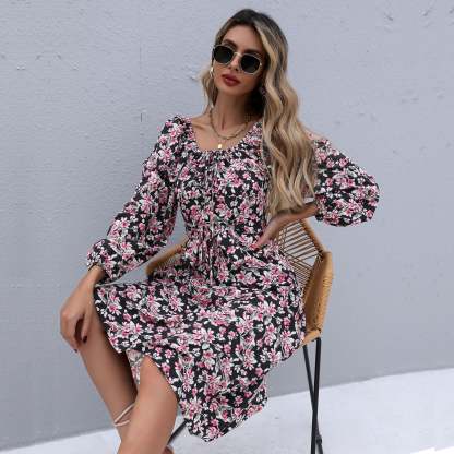 Floral Print Boho Ruffles Pleated Midi Dresses