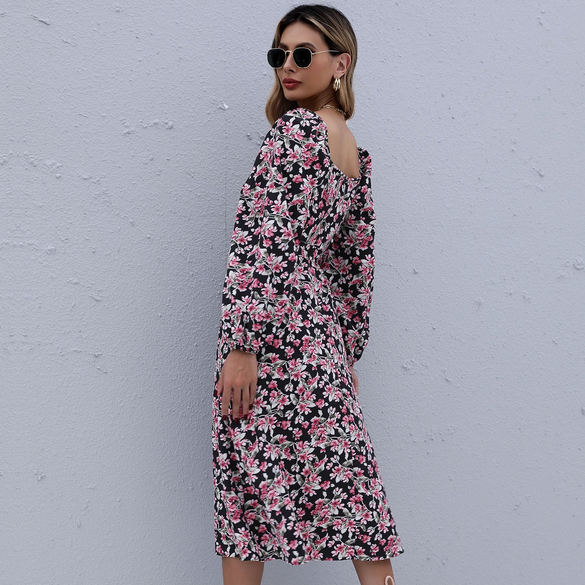 Floral Print Boho Ruffles Pleated Midi Dresses