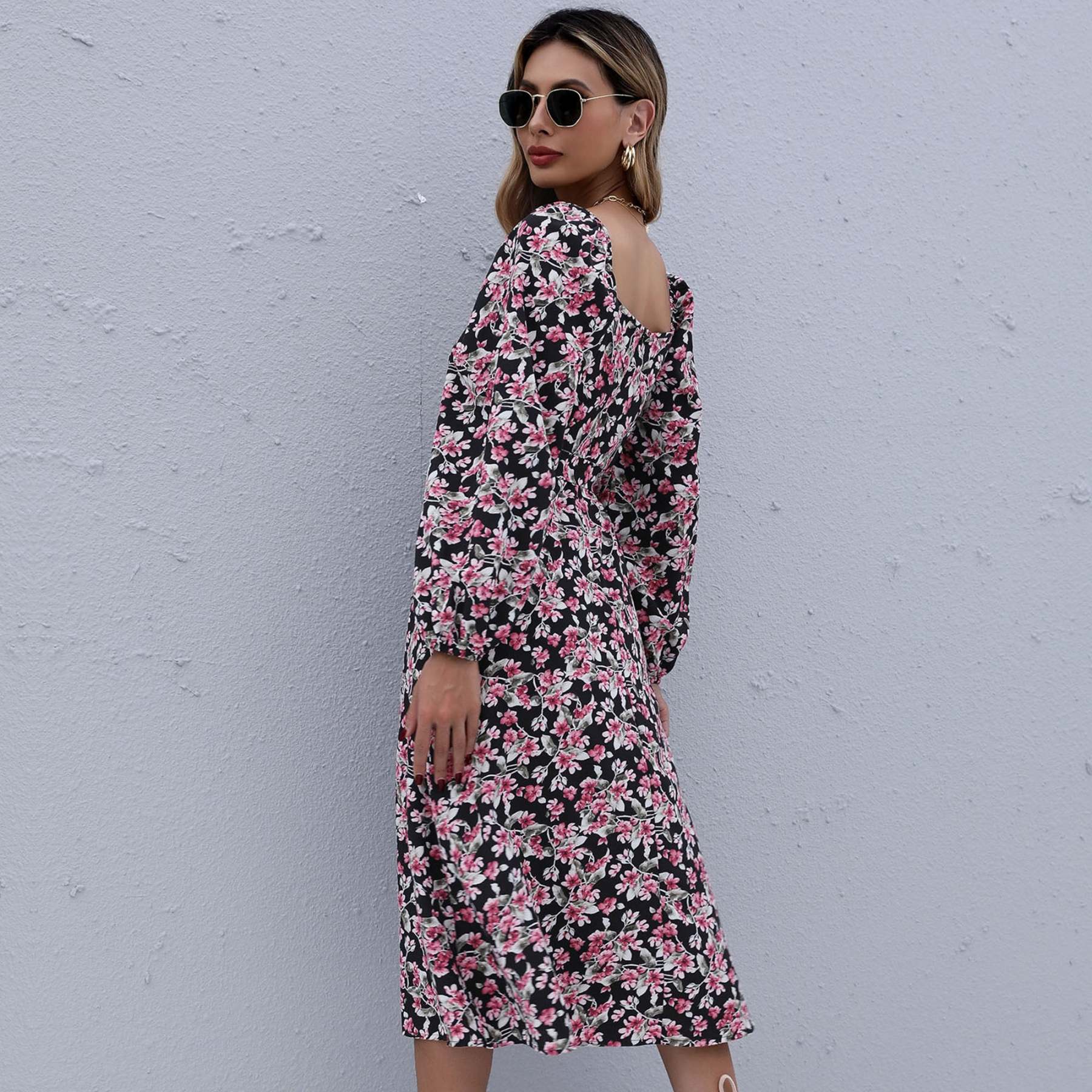 Floral Print Boho Ruffles Pleated Midi Dresses