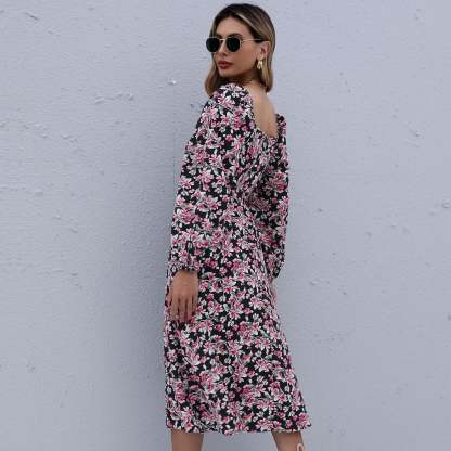 Floral Print Boho Ruffles Pleated Midi Dresses