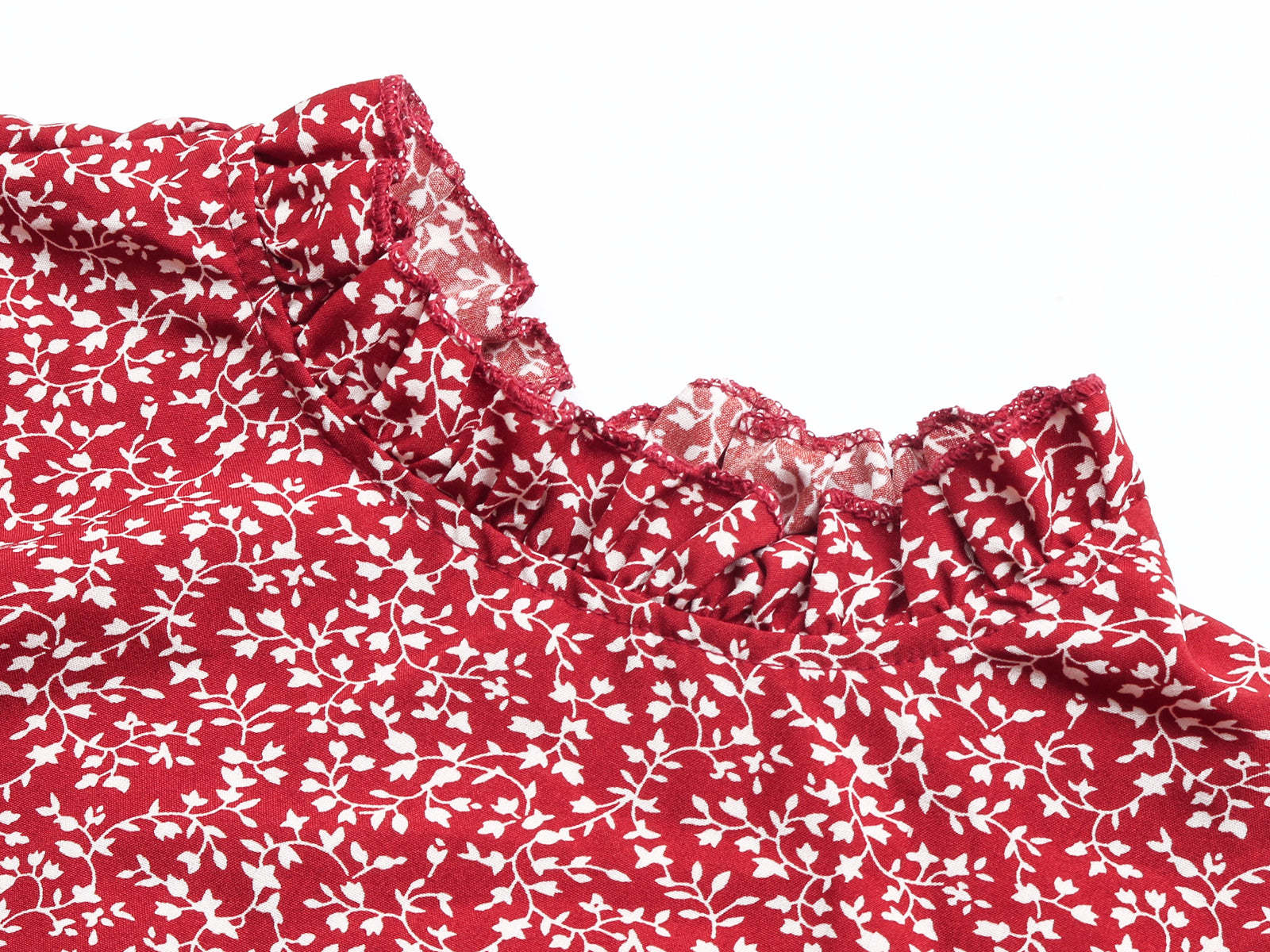 Allover Plants Ruffle Neck A-Line Midi Dress