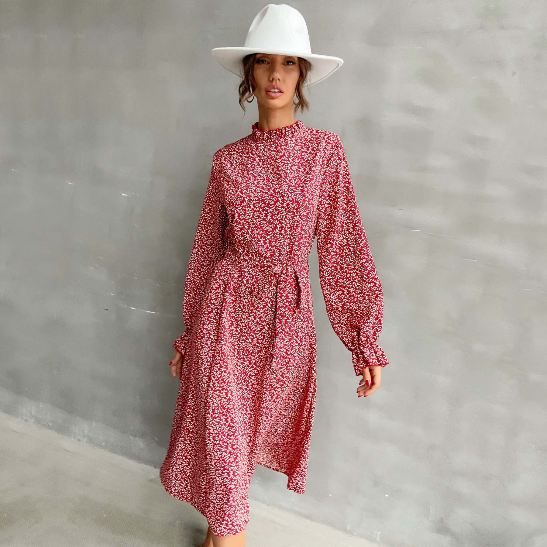 Allover Plants Ruffle Neck A-Line Midi Dress