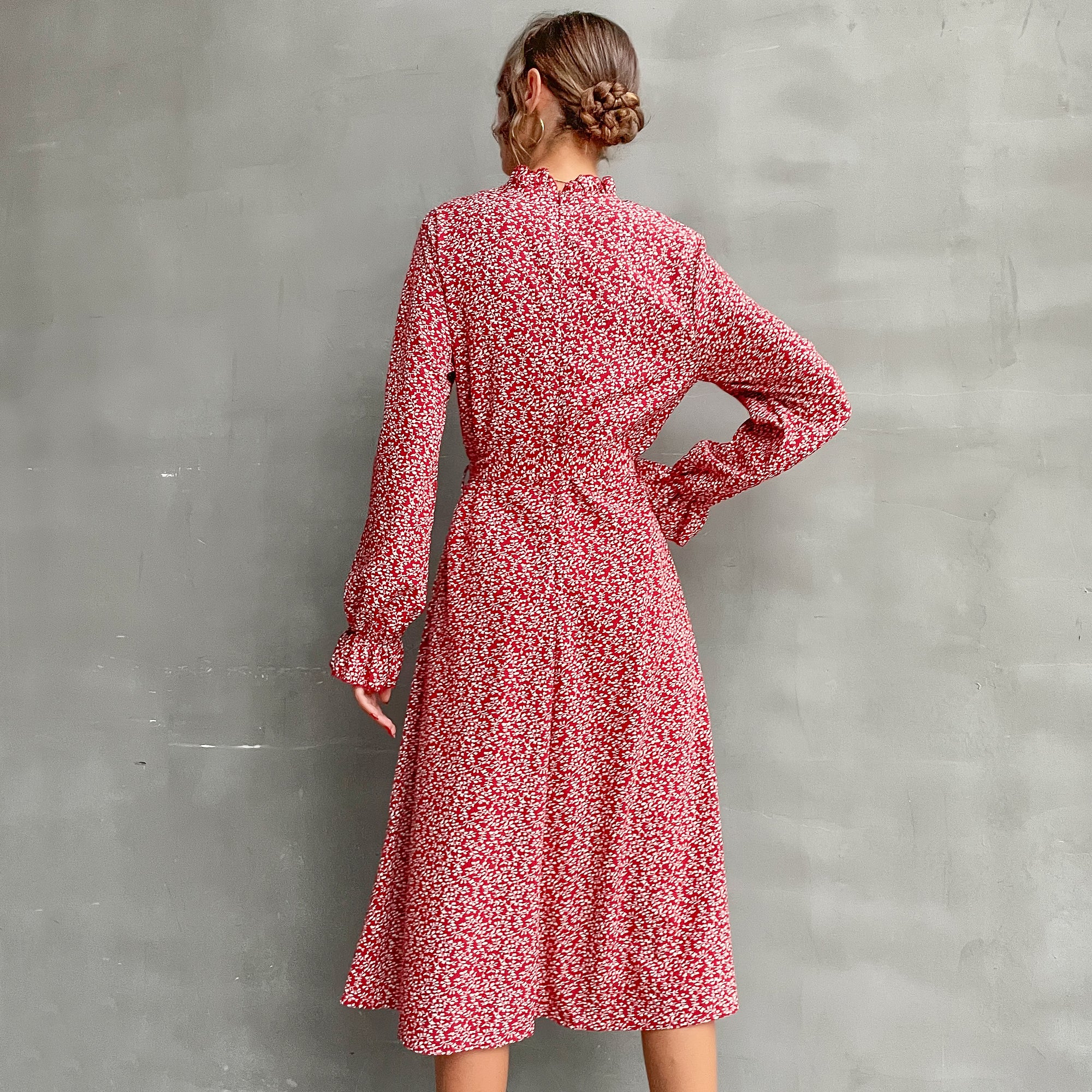 Allover Plants Ruffle Neck A-Line Midi Dress