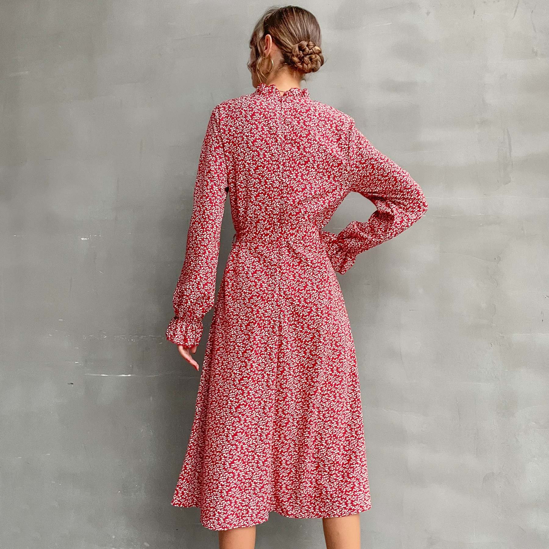 Allover Plants Ruffle Neck A-Line Midi Dress