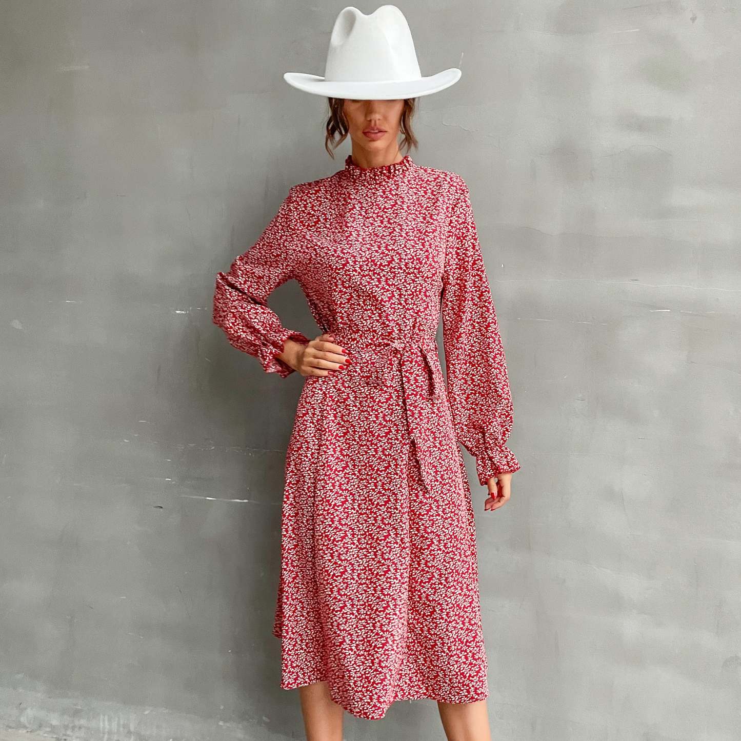 Allover Plants Ruffle Neck A-Line Midi Dress