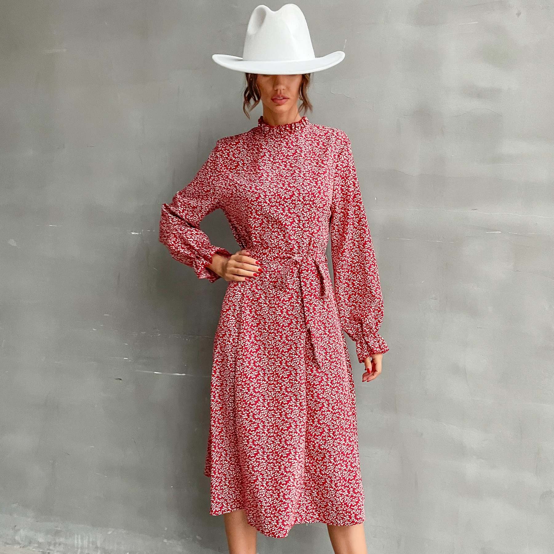 Allover Plants Ruffle Neck A-Line Midi Dress