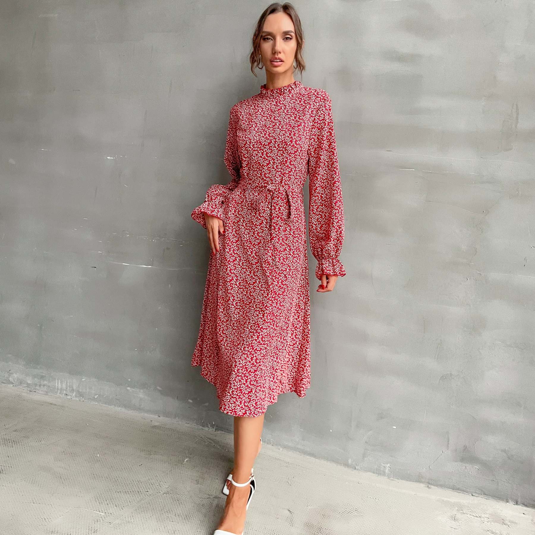 Allover Plants Ruffle Neck A-Line Midi Dress