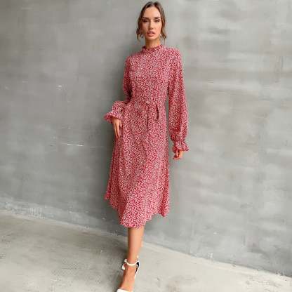 Allover Plants Ruffle Neck A-Line Midi Dress