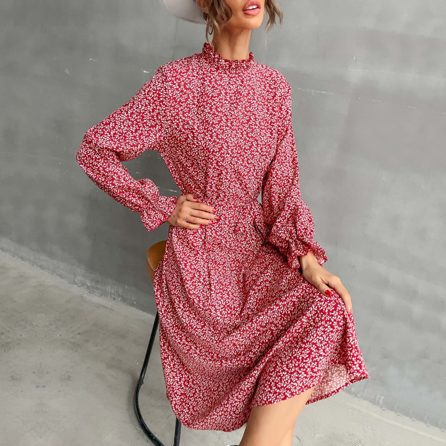 Allover Plants Ruffle Neck A-Line Midi Dress