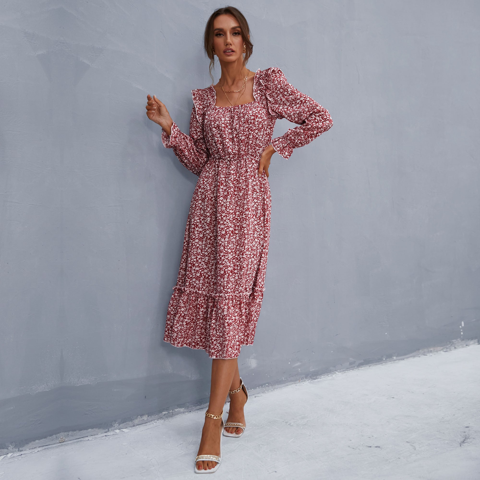 Ruffle Shoulder Smocked Midi Dress