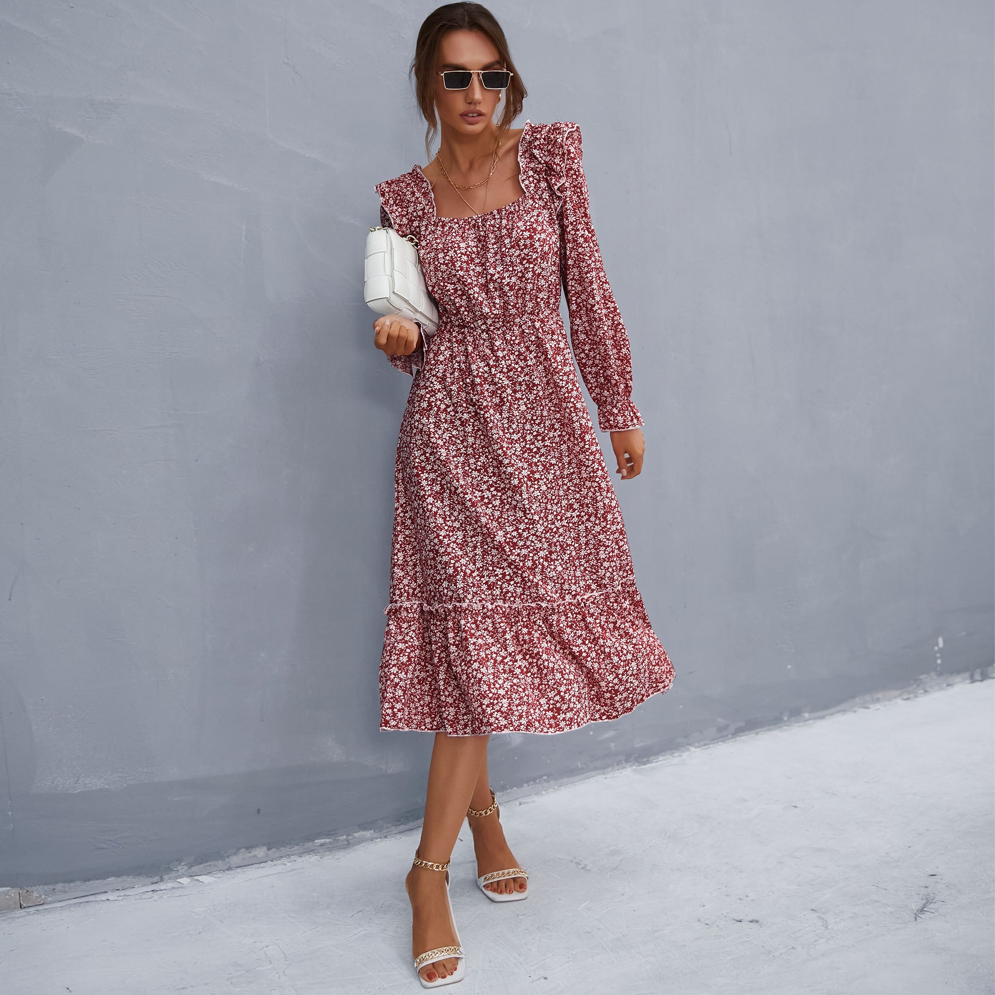 Ruffle Shoulder Smocked Midi Dress