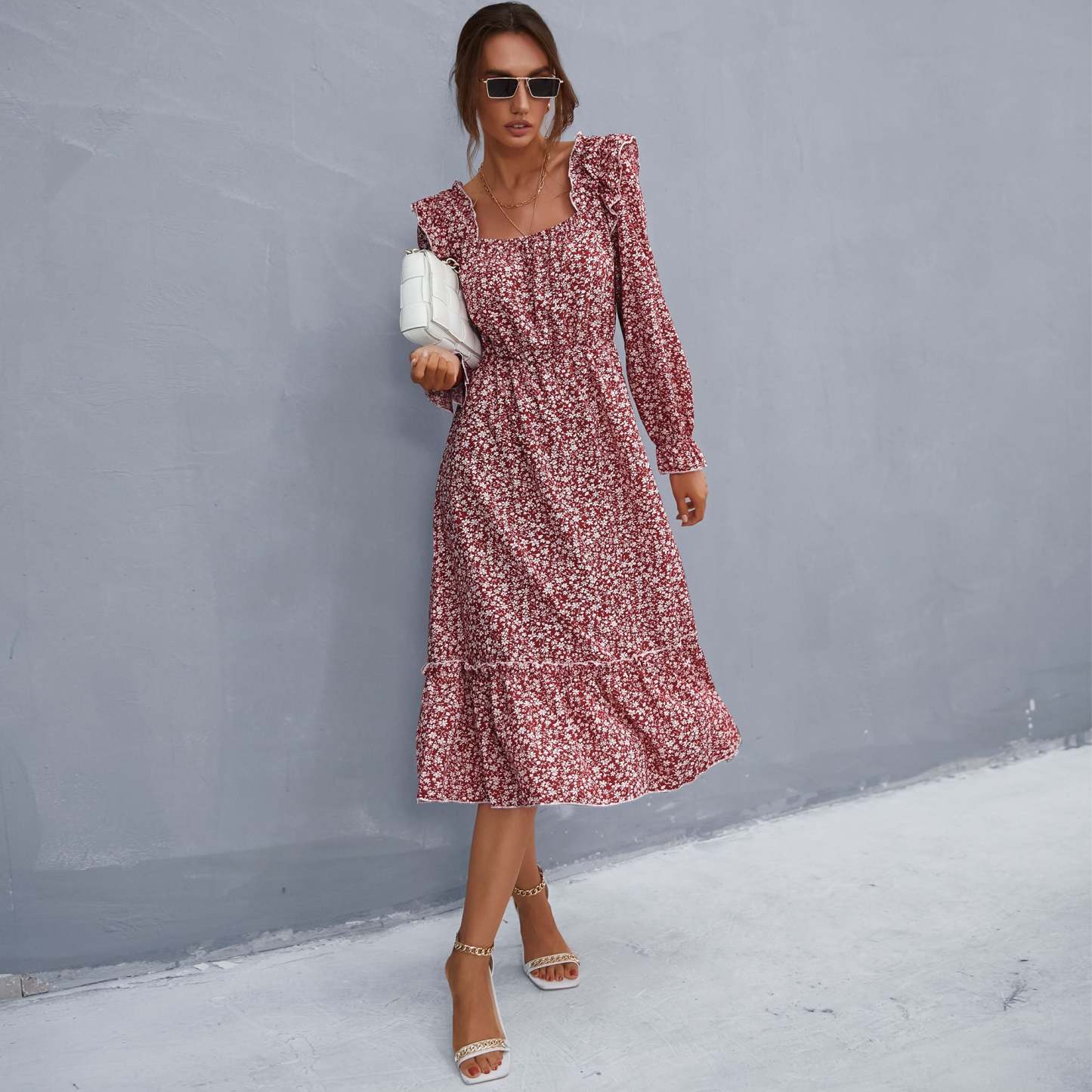 Ruffle Shoulder Smocked Midi Dress
