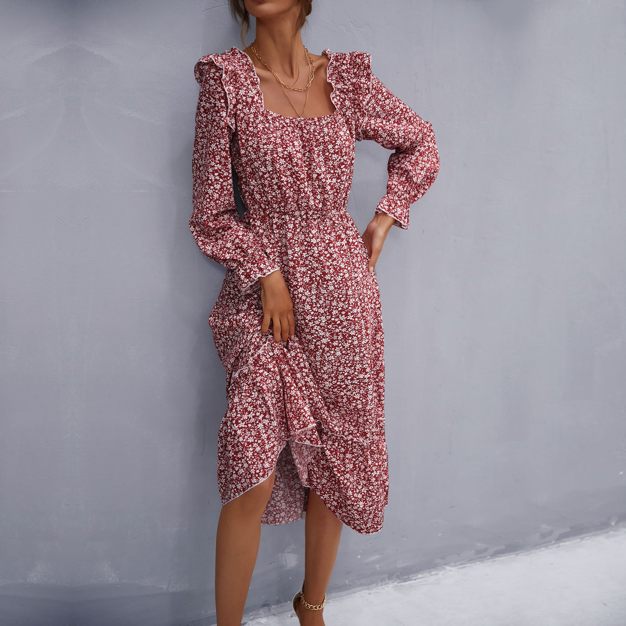 Ruffle Shoulder Smocked Midi Dress