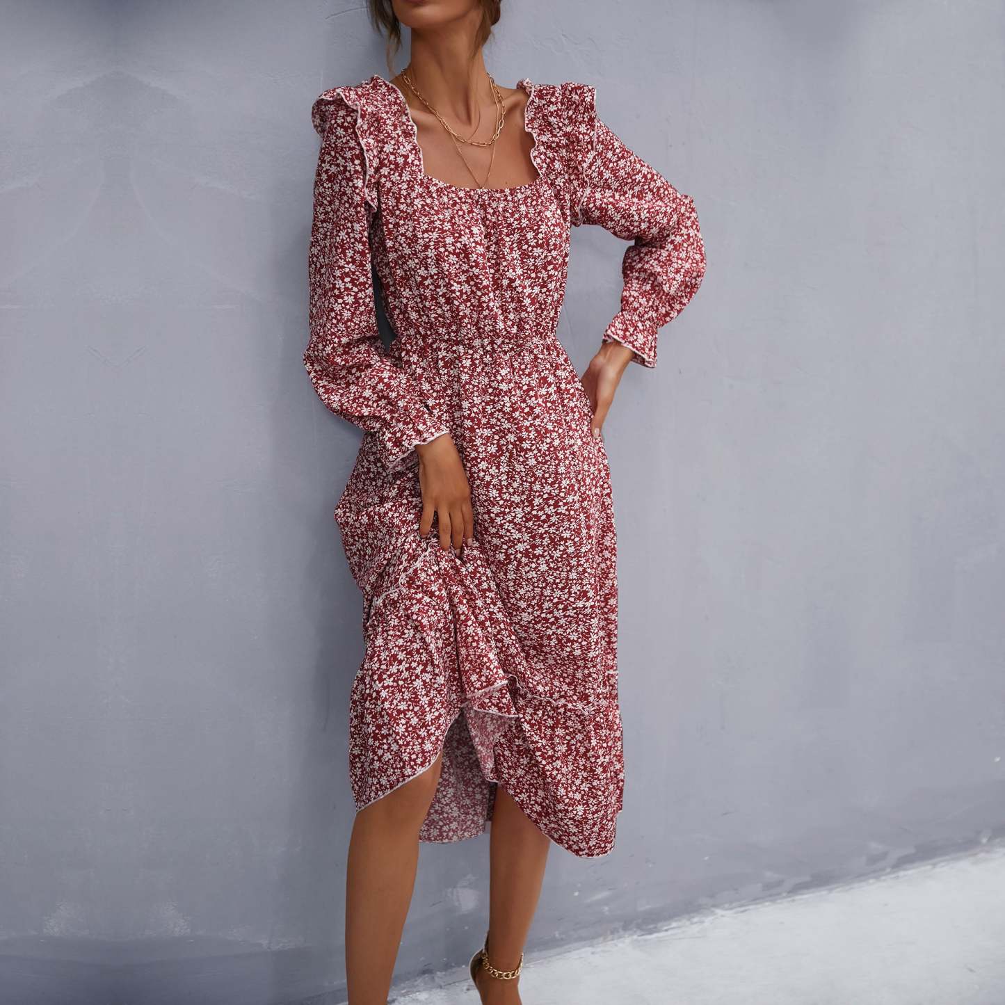 Ruffle Shoulder Smocked Midi Dress