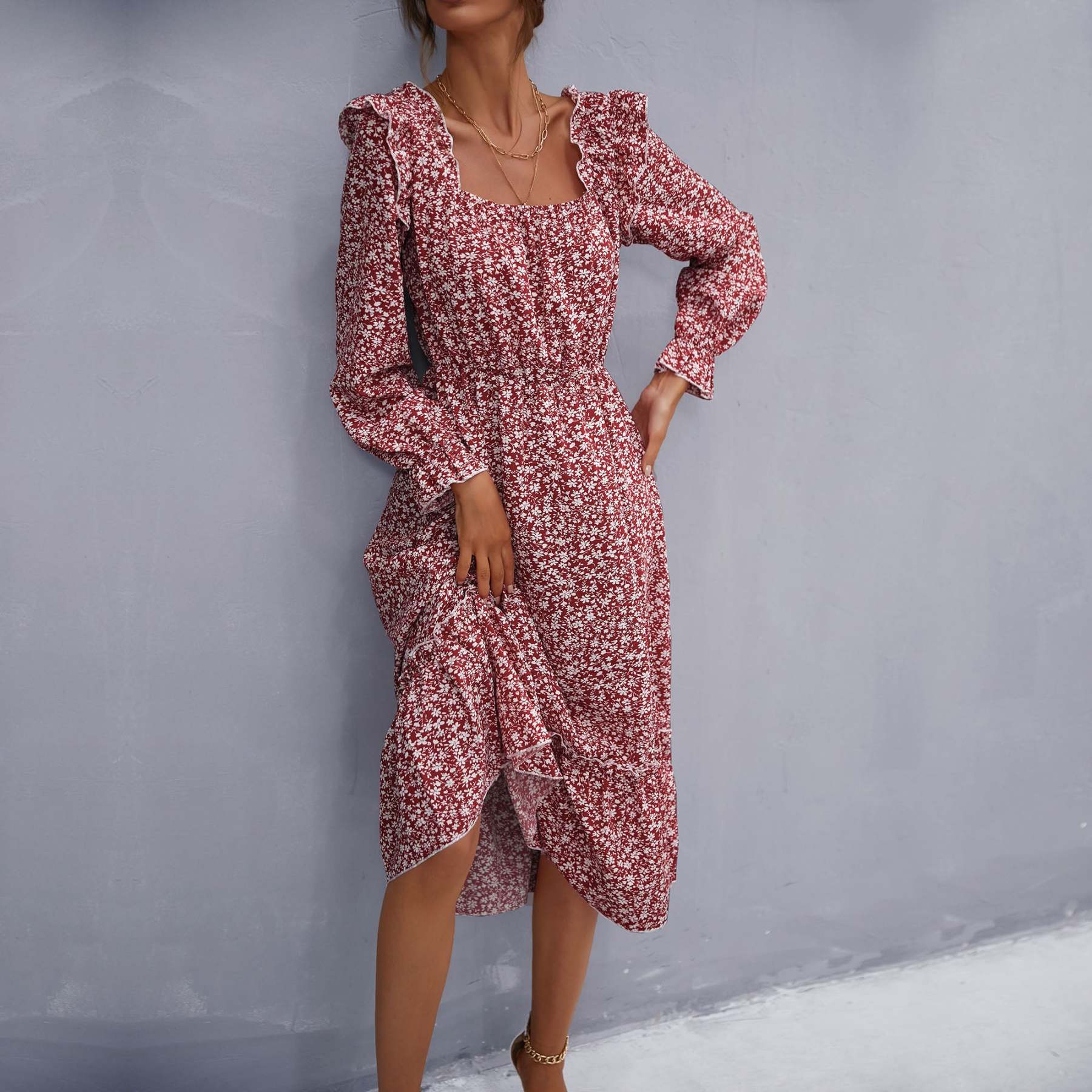 Ruffle Shoulder Smocked Midi Dress