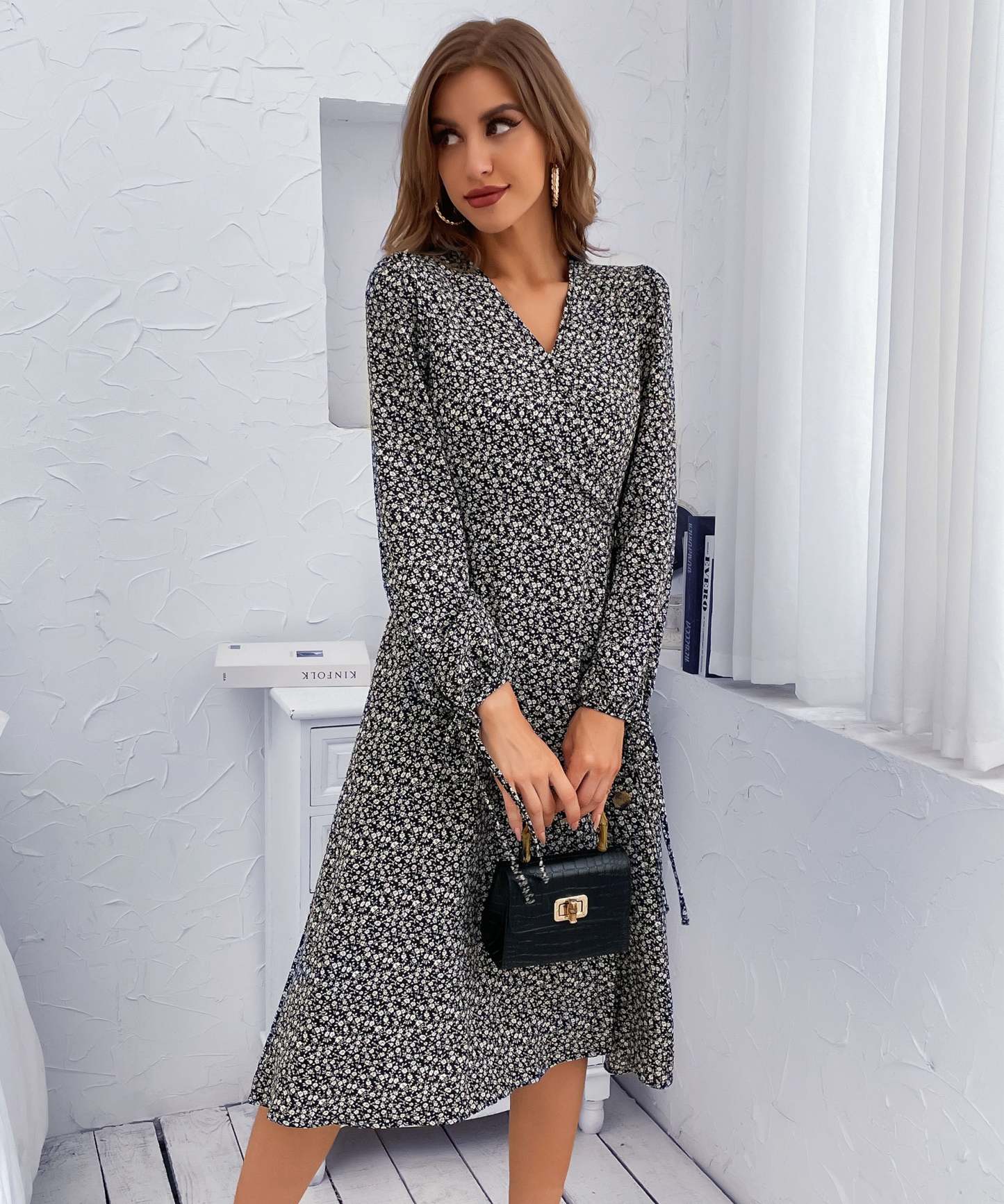 Black Floral Side-Slit V-Neck A-Line Midi Dress