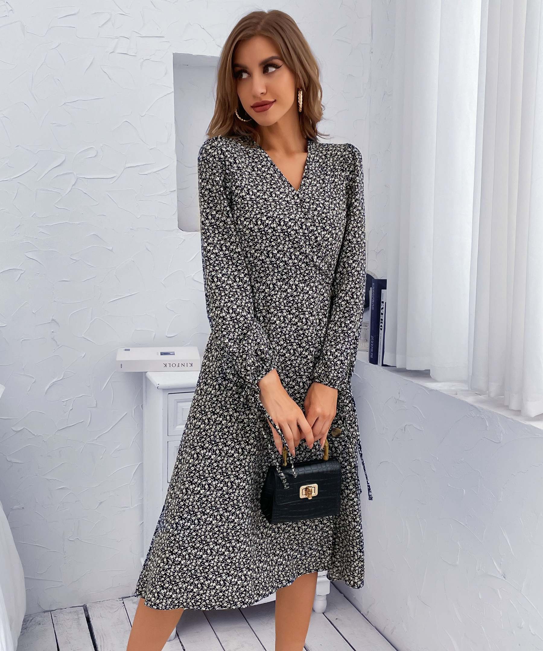 Black Floral Side-Slit V-Neck A-Line Midi Dress