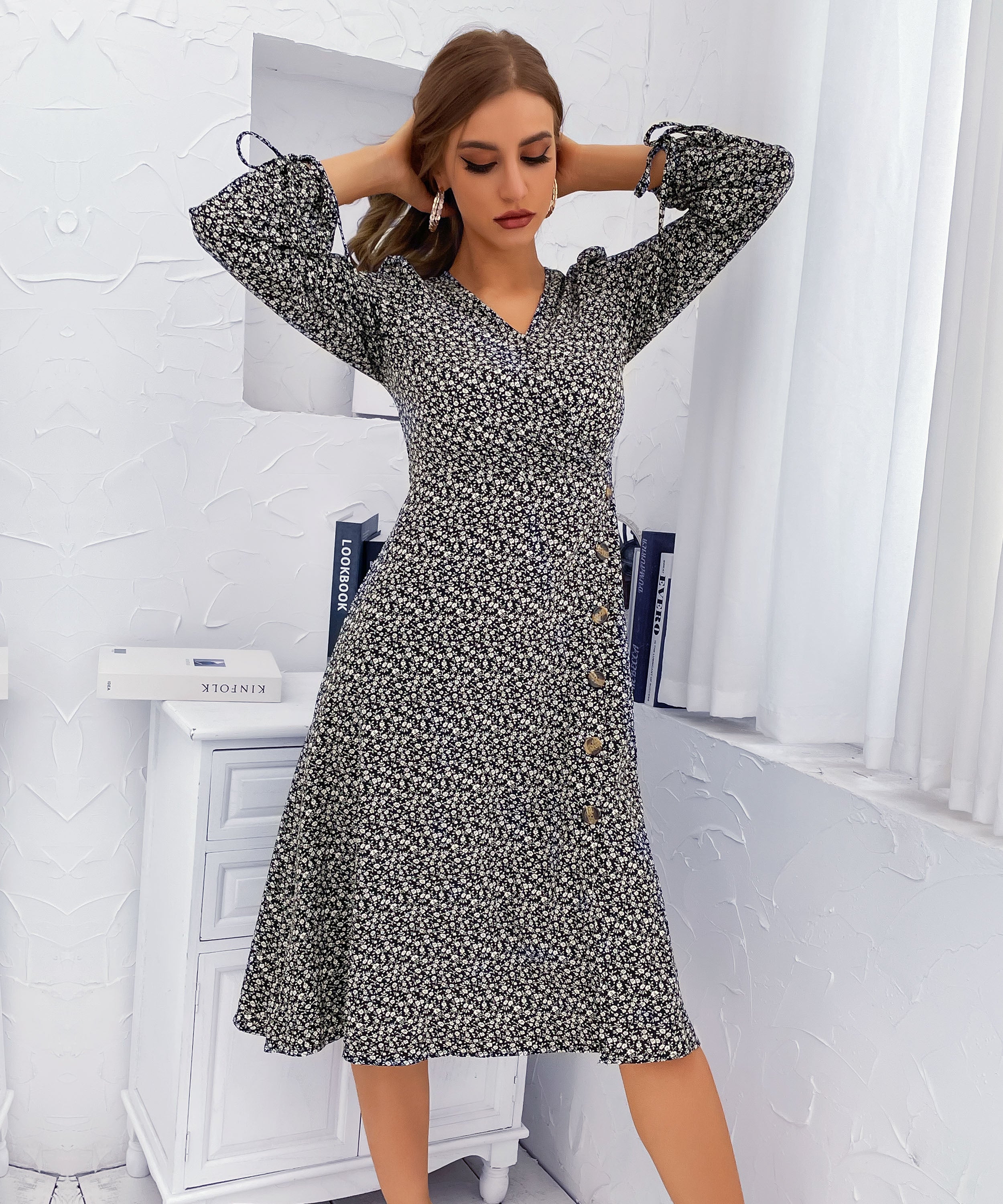 Black Floral Side-Slit V-Neck A-Line Midi Dress