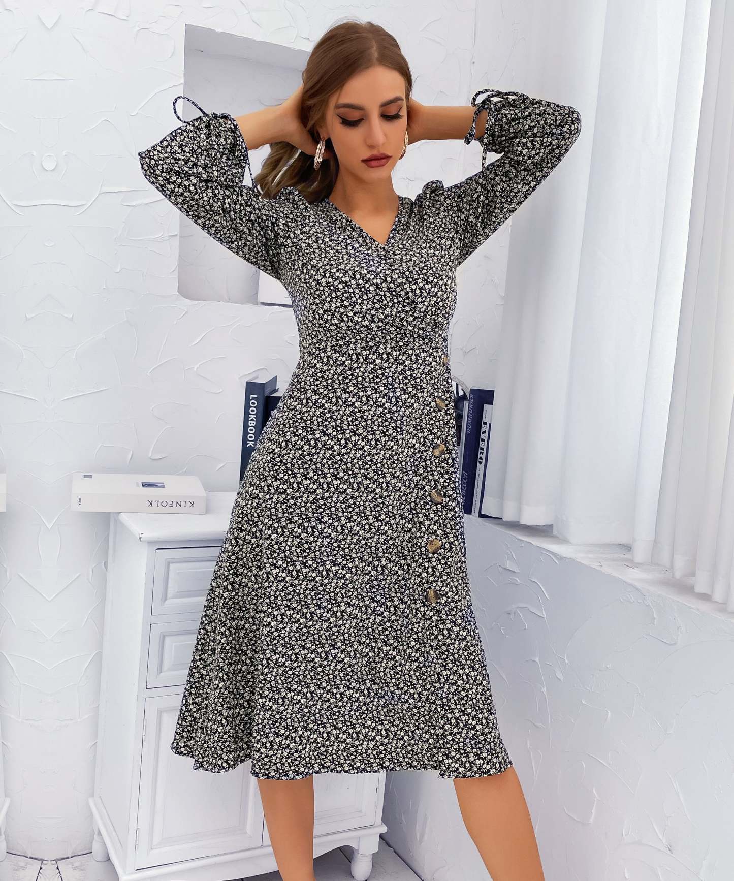 Black Floral Side-Slit V-Neck A-Line Midi Dress