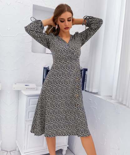 Black Floral Side-Slit V-Neck A-Line Midi Dress