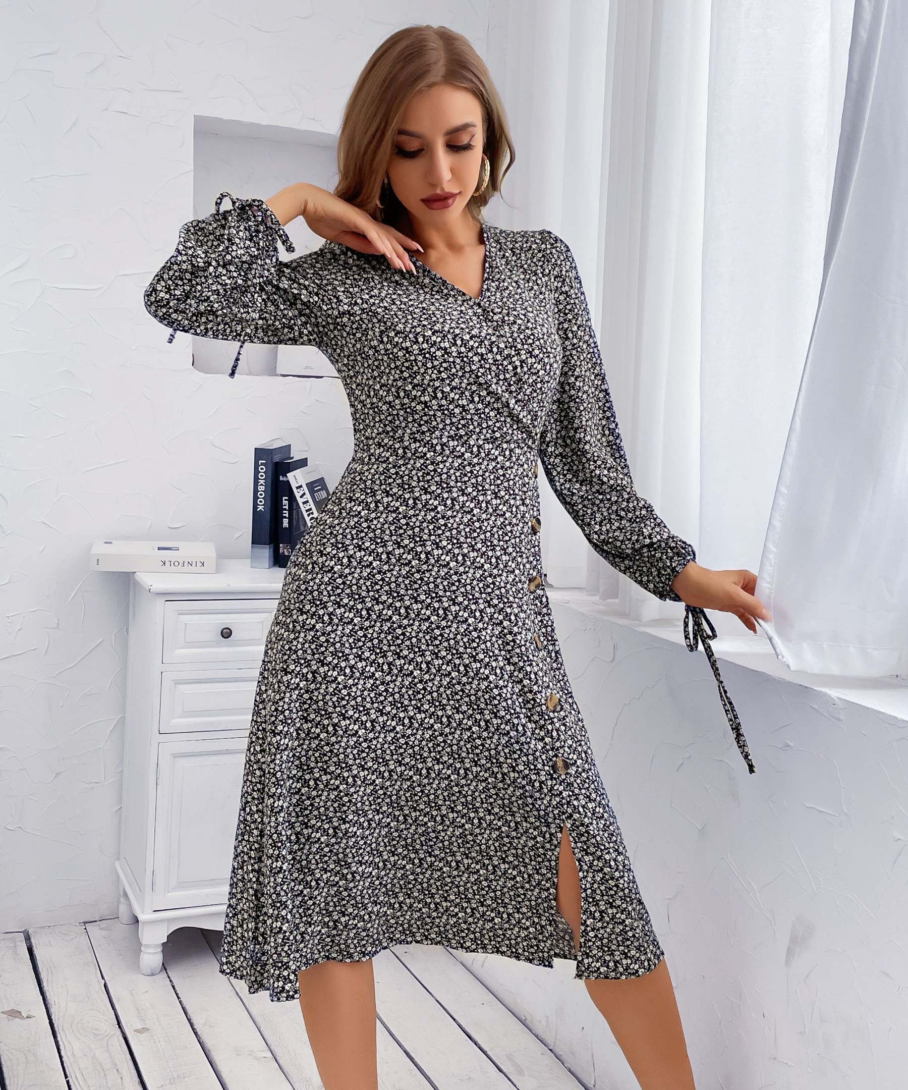 Black Floral Side-Slit V-Neck A-Line Midi Dress