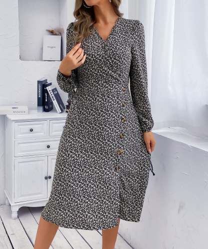 Black Floral Side-Slit V-Neck A-Line Midi Dress