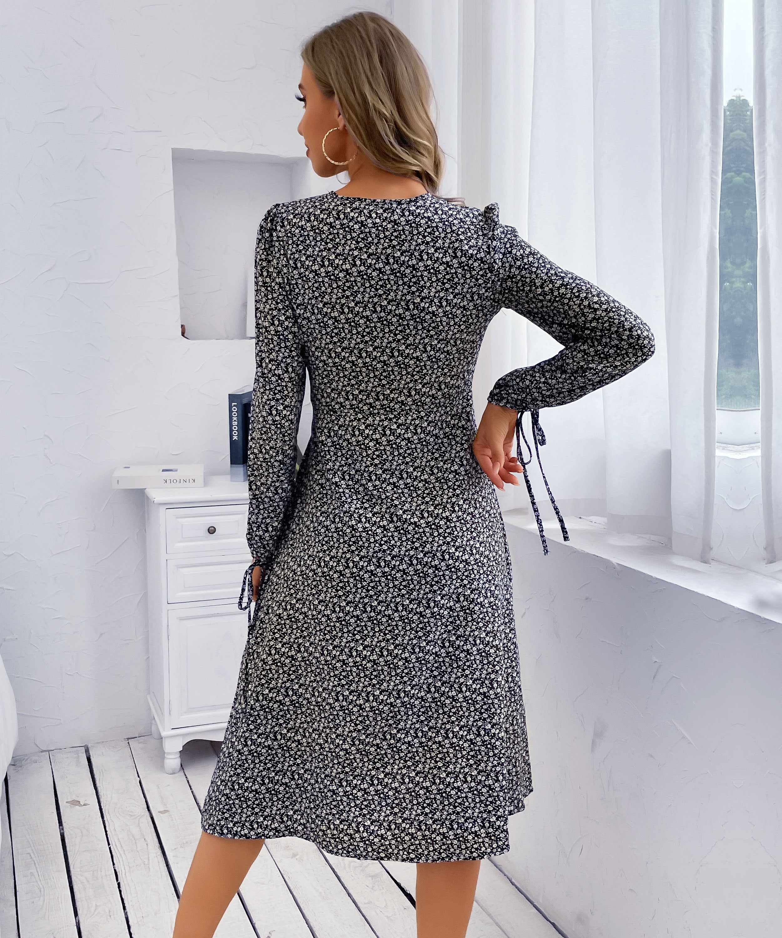 Black Floral Side-Slit V-Neck A-Line Midi Dress