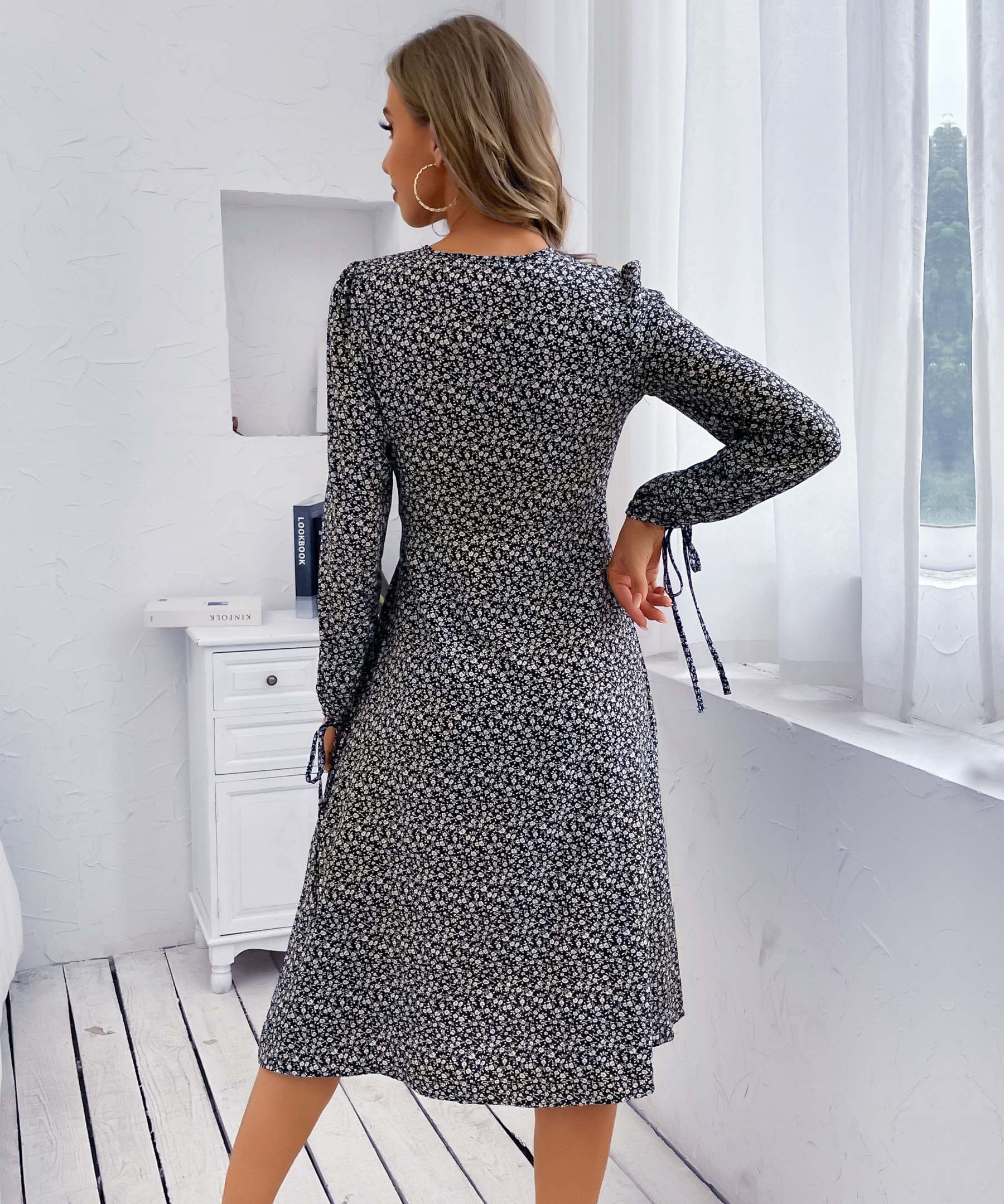 Black Floral Side-Slit V-Neck A-Line Midi Dress