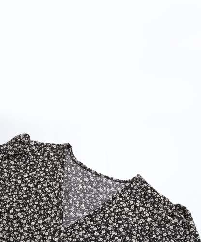 Black Floral Side-Slit V-Neck A-Line Midi Dress