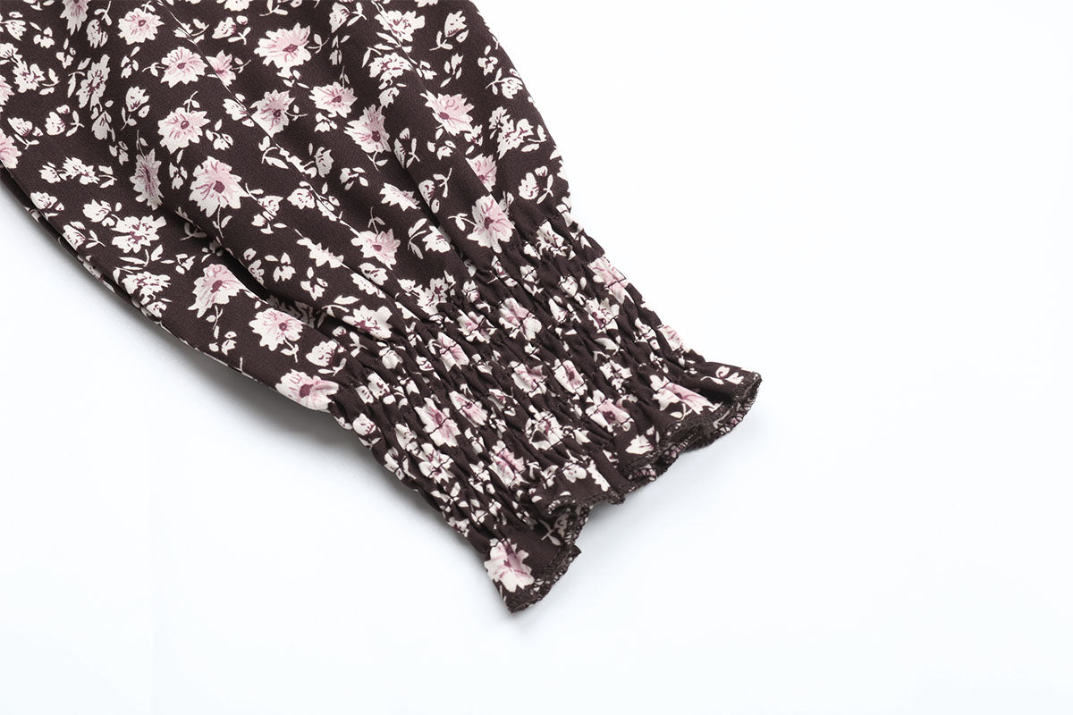 Ditsy Floral Shirred Flounce Sleeve Ruffle Hem Midi Dress