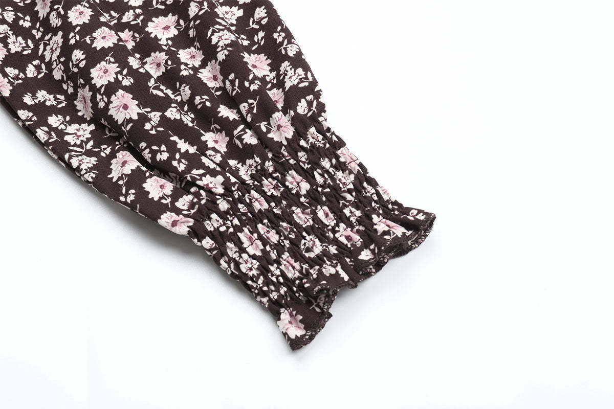 Ditsy Floral Shirred Flounce Sleeve Ruffle Hem Midi Dress