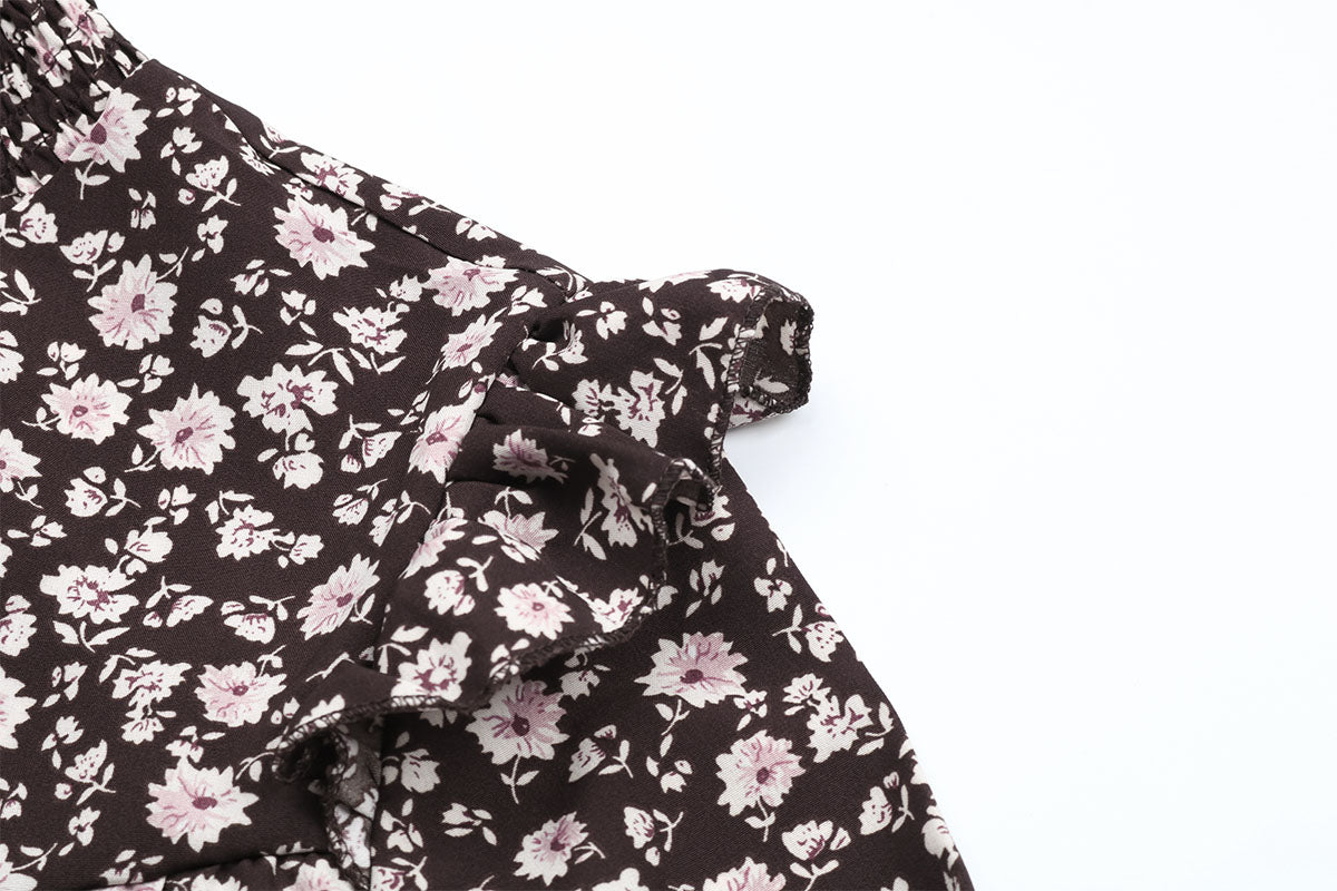 Ditsy Floral Shirred Flounce Sleeve Ruffle Hem Midi Dress