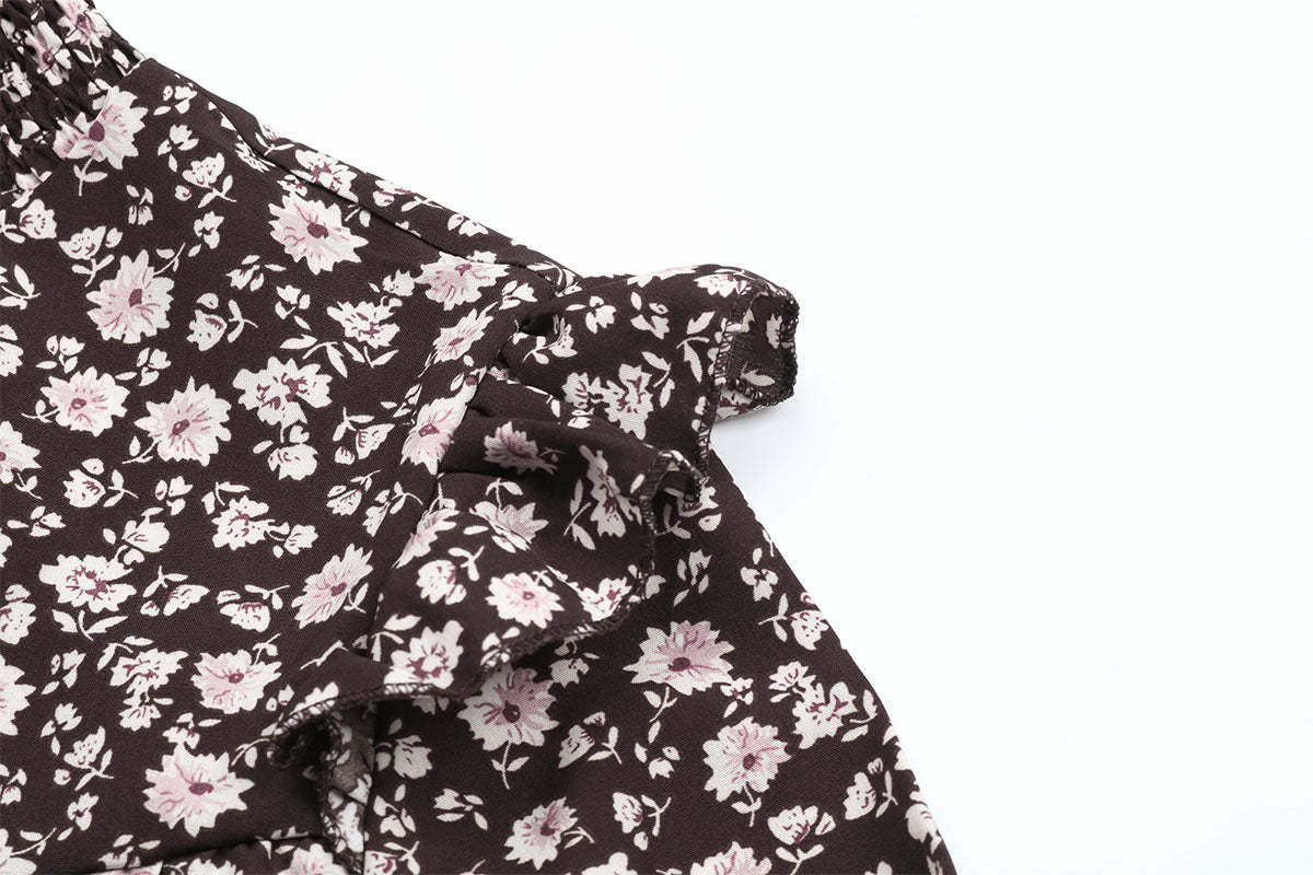 Ditsy Floral Shirred Flounce Sleeve Ruffle Hem Midi Dress