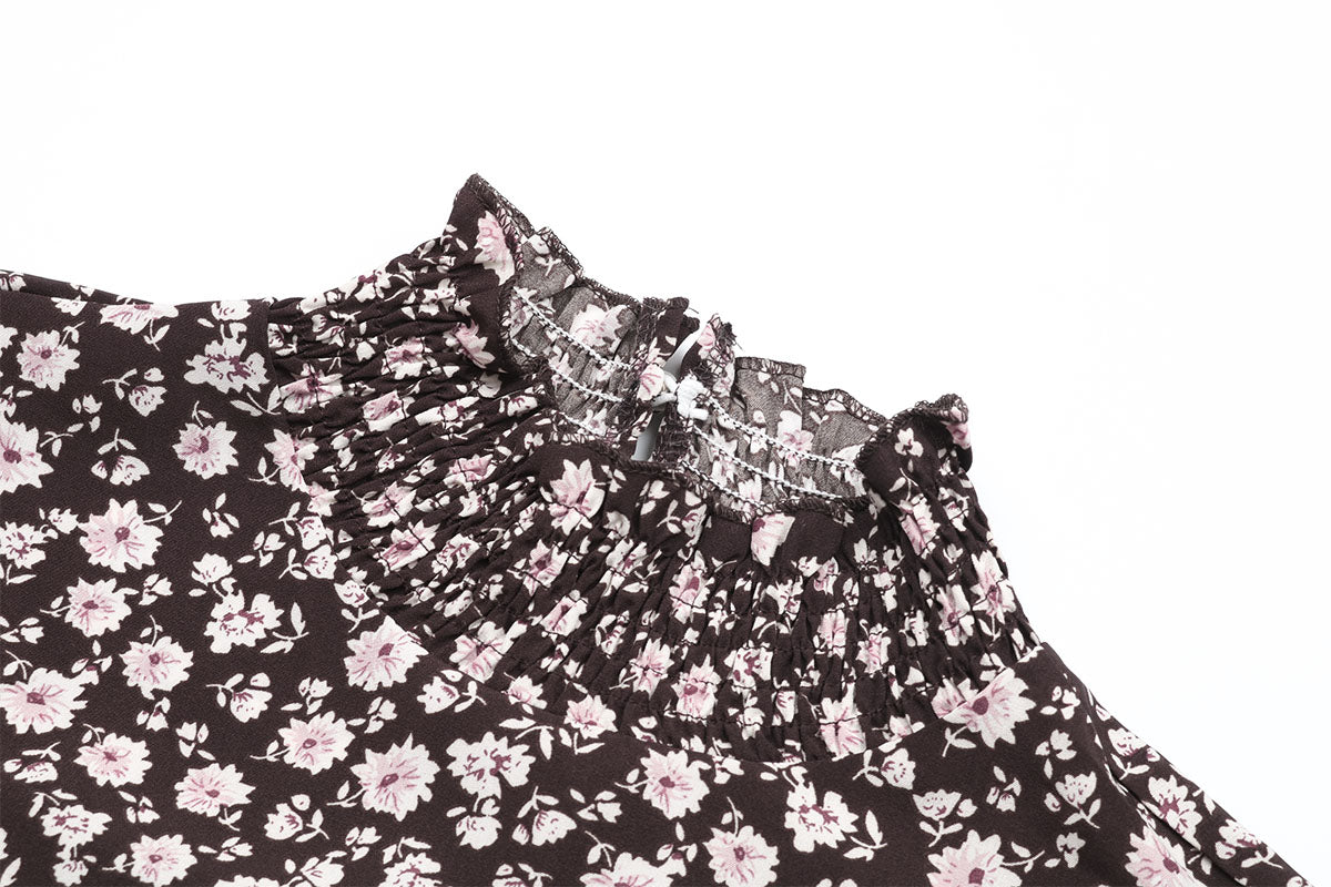 Ditsy Floral Shirred Flounce Sleeve Ruffle Hem Midi Dress