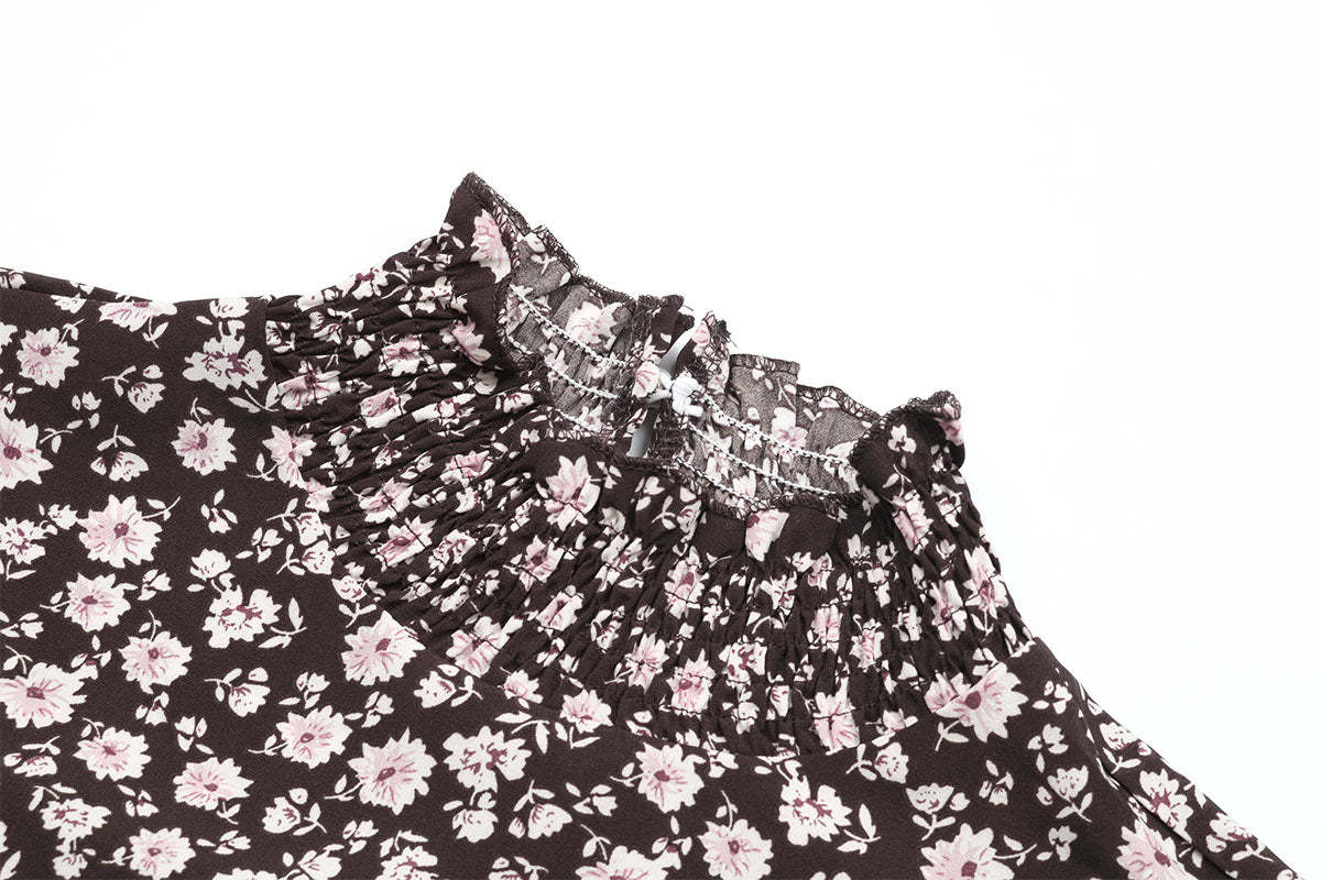 Ditsy Floral Shirred Flounce Sleeve Ruffle Hem Midi Dress