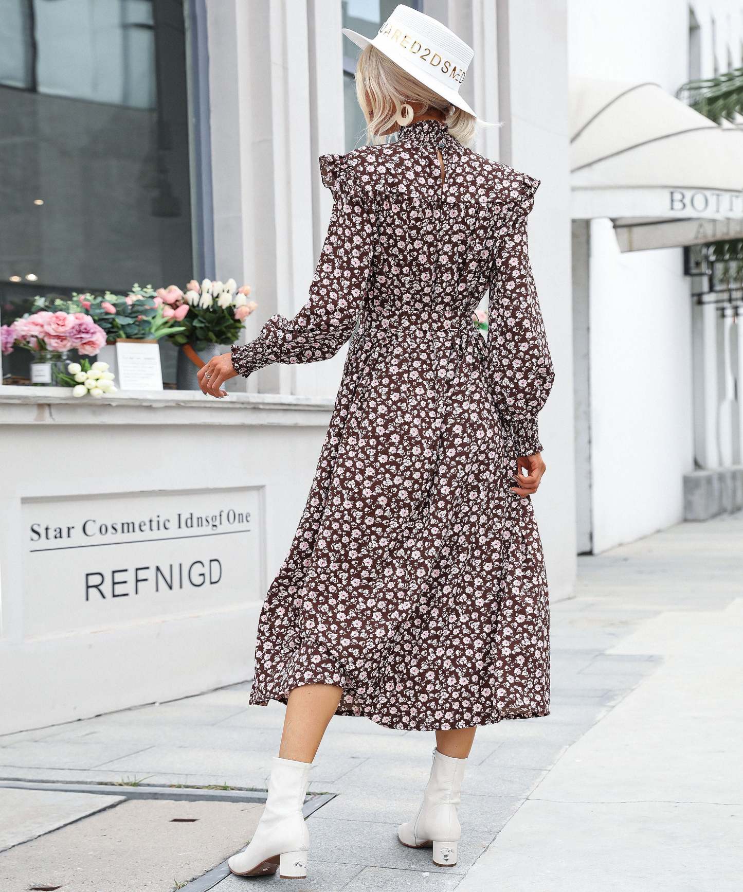 Ditsy Floral Shirred Flounce Sleeve Ruffle Hem Midi Dress