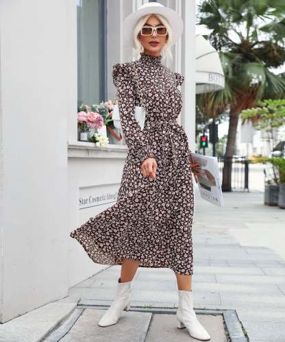 Ditsy Floral Shirred Flounce Sleeve Ruffle Hem Midi Dress