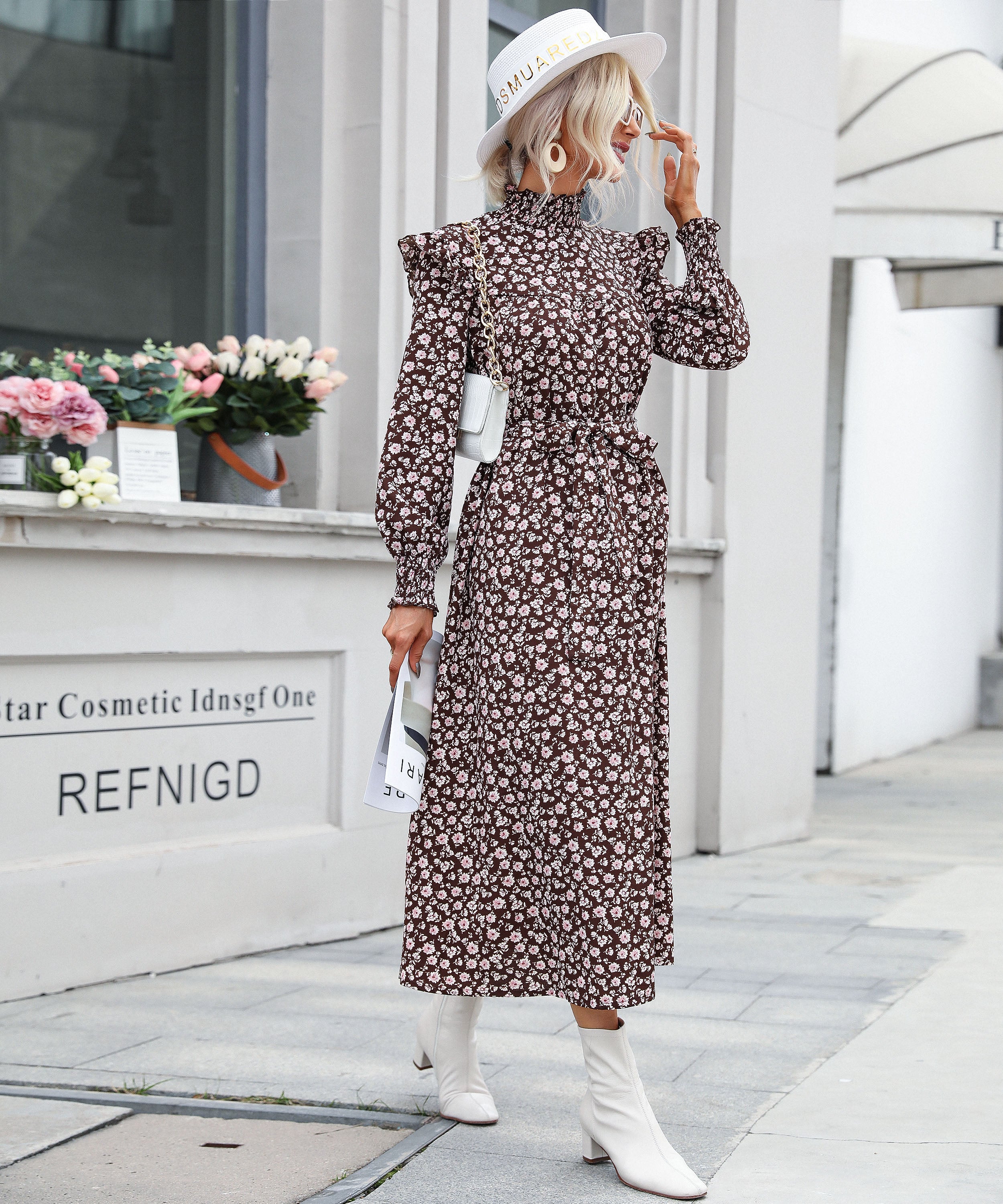 Ditsy Floral Shirred Flounce Sleeve Ruffle Hem Midi Dress