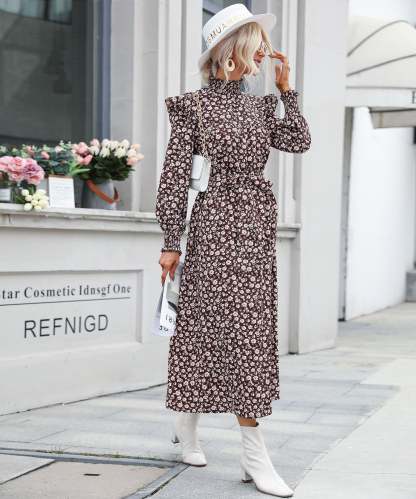 Ditsy Floral Shirred Flounce Sleeve Ruffle Hem Midi Dress