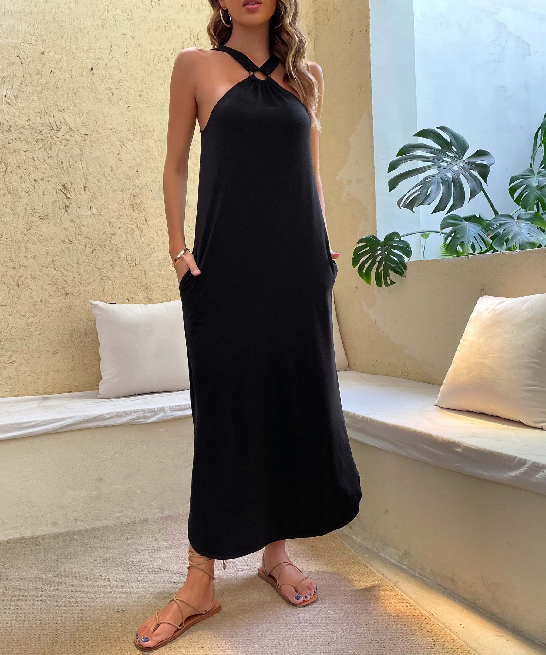 Hidden Pocket Split Side Ring Linked Midi Dress