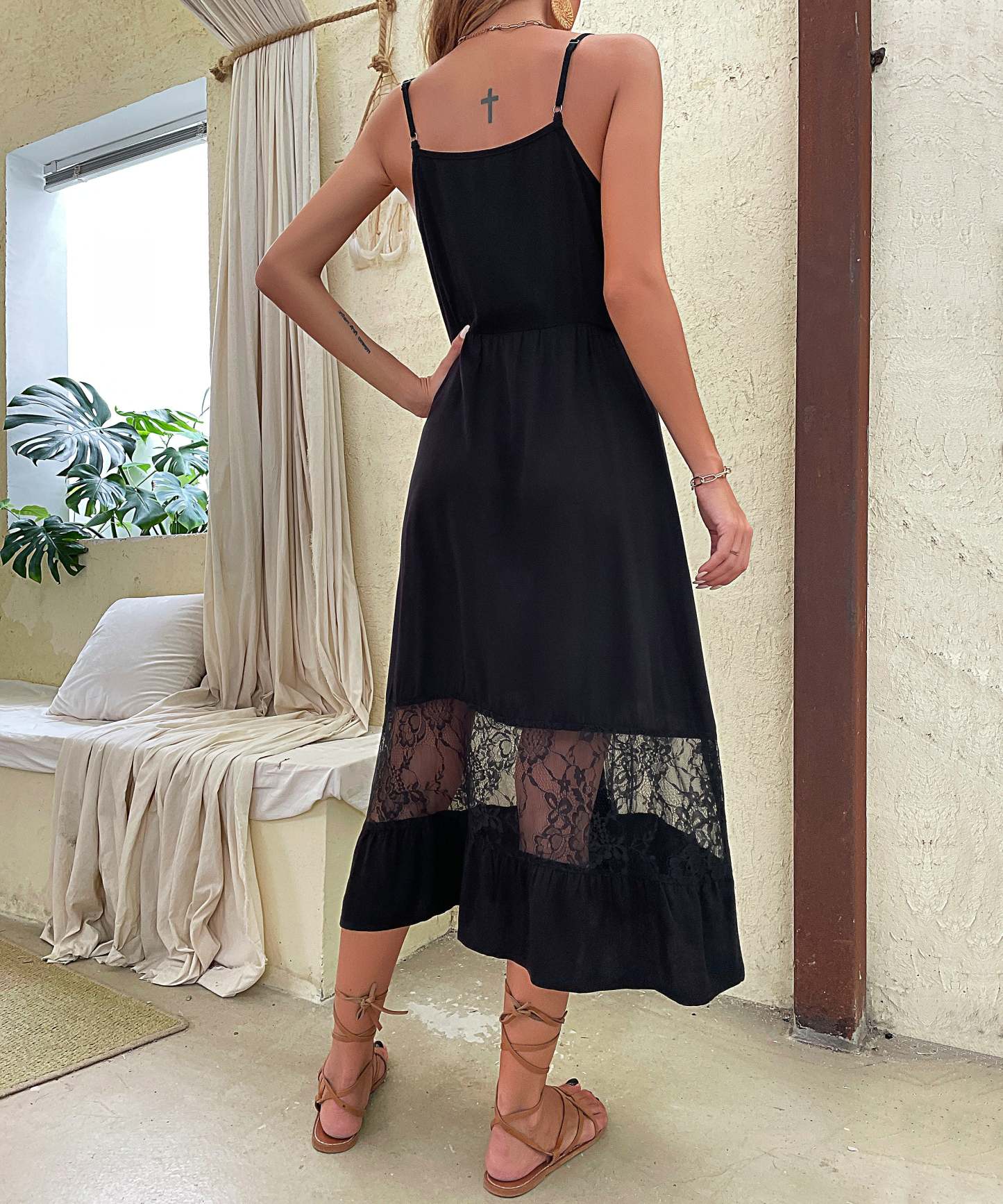 Button Front Contrast Lace Ruffle Hem Cami Midi Dress