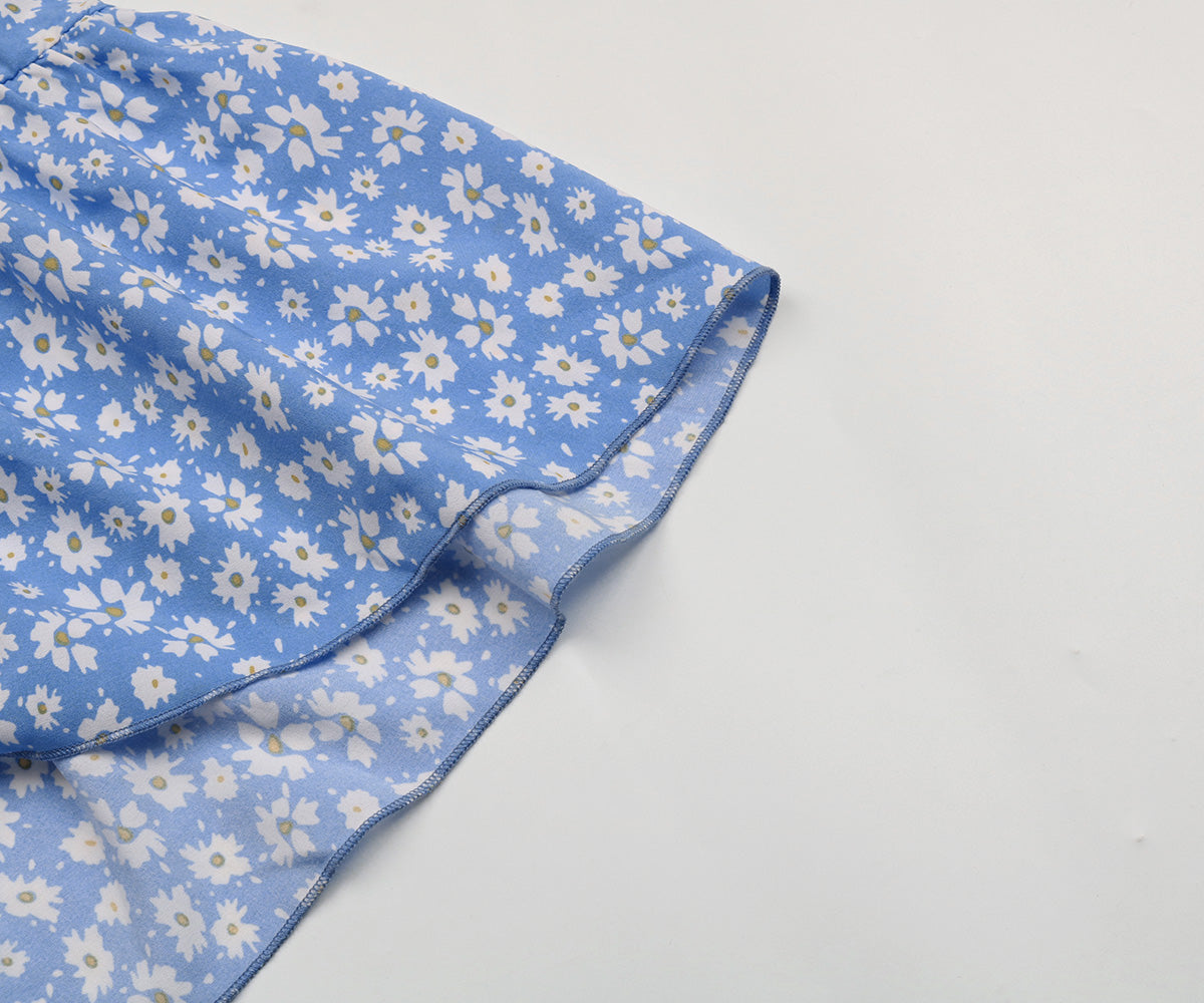 Ditsy Floral Print Butterfly Sleeve Knot Front Ruffle Hem Midi Dress