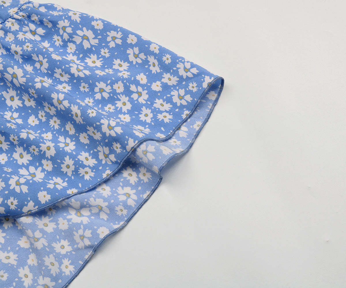 Ditsy Floral Print Butterfly Sleeve Knot Front Ruffle Hem Midi Dress