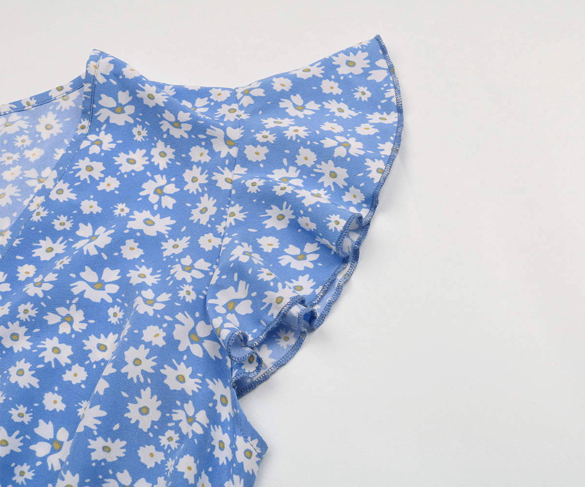 Ditsy Floral Print Butterfly Sleeve Knot Front Ruffle Hem Midi Dress