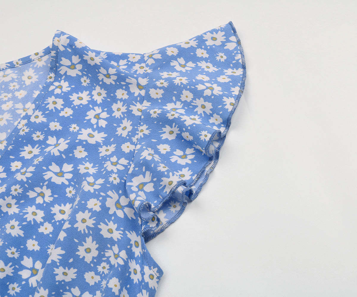 Ditsy Floral Print Butterfly Sleeve Knot Front Ruffle Hem Midi Dress