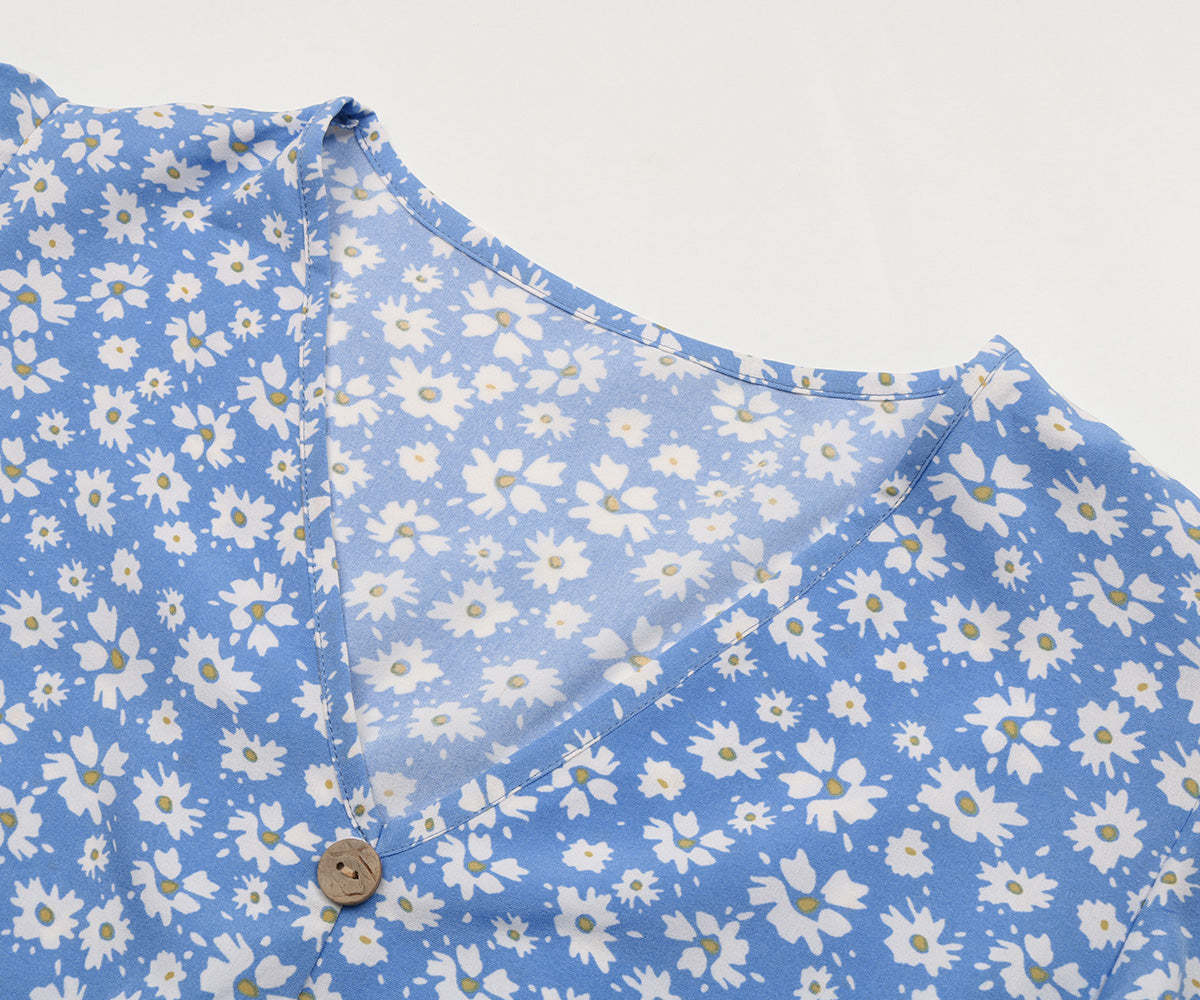 Ditsy Floral Print Butterfly Sleeve Knot Front Ruffle Hem Midi Dress