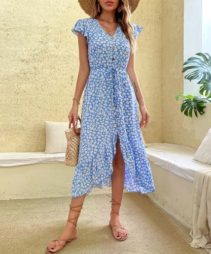 Ditsy Floral Print Butterfly Sleeve Knot Front Ruffle Hem Midi Dress