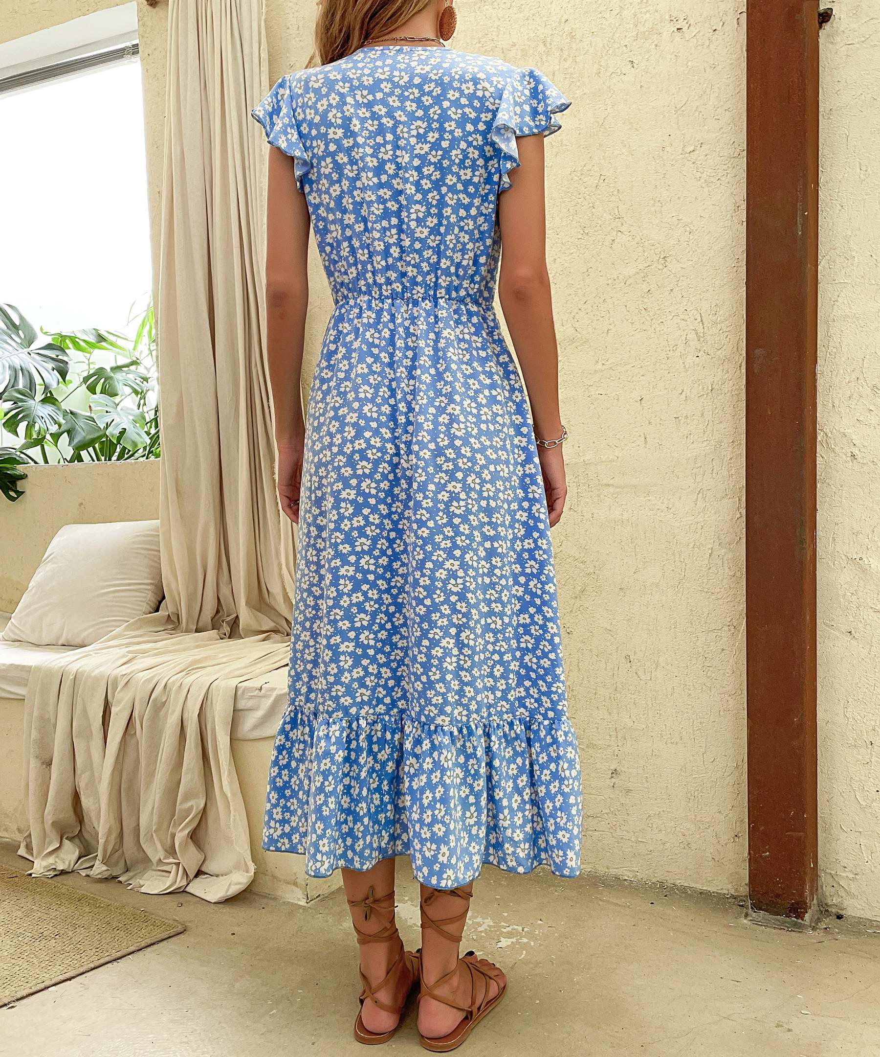 Ditsy Floral Print Butterfly Sleeve Knot Front Ruffle Hem Midi Dress