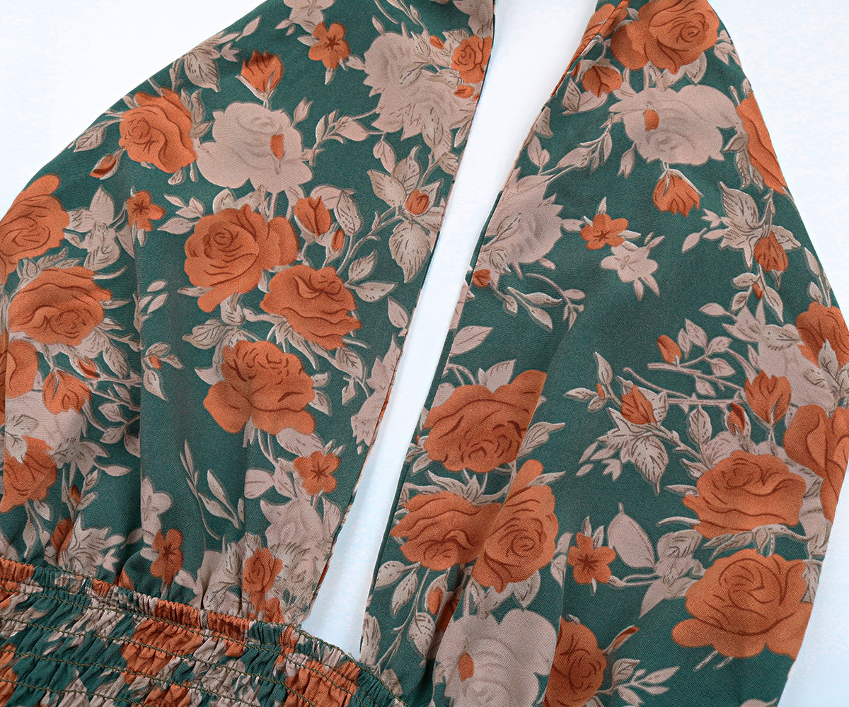 Allover Floral Print Shirred Halter Mini Dress